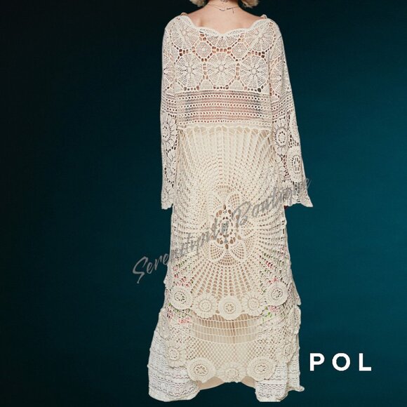 POL Bohemian Victorian Floor Length Hi Low Semi Sheer Crochet Oversized Top - Picture 6 of 13